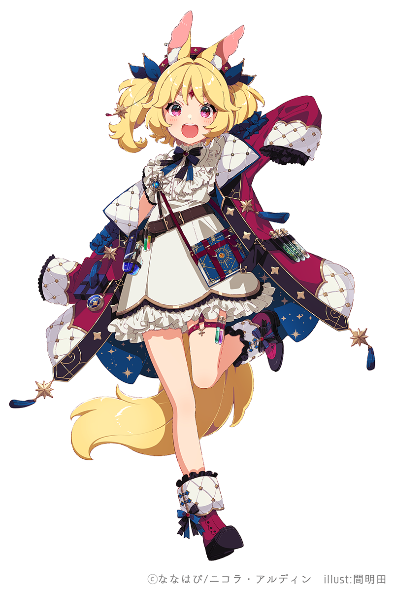 1girl aldin_nicola animal_ear_fluff animal_ears bangs blonde_hair book boots commentary_request dress eyebrows_visible_through_hair forehead_jewel frilled_dress frills full_body highres indie_virtual_youtuber jacket long_sleeves mamyouda official_art open_clothes open_jacket purple_footwear purple_jacket short_eyebrows simple_background sleeves_past_fingers sleeves_past_wrists solo standing standing_on_one_leg tail thick_eyebrows twintails v-shaped_eyebrows vial violet_eyes virtual_youtuber watermark white_background white_dress