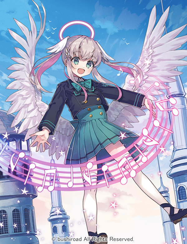 1girl :d beamed_eighth_notes black_footwear black_jacket blue_bow blue_skirt blue_sky bow cardfight!!_vanguard character_request clouds collared_shirt commentary_request day eighth_note feathered_wings green_eyes grey_hair halo head_wings jacket long_hair looking_at_viewer miyoshino multicolored_hair musical_note official_art open_mouth outdoors outstretched_arms pink_hair pleated_skirt quarter_note shirt shoes sidelocks skirt sky smile solo thigh-highs tower twintails two-tone_hair watermark white_legwear white_shirt white_wings wings