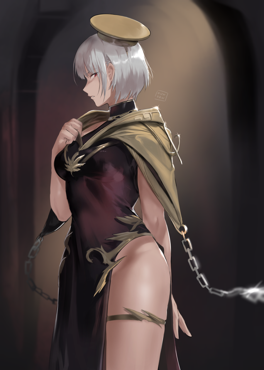 1girl artist_name ball_and_chain_(weapon) bangs black_background brown_cape brown_headwear cape chain cowboy_shot grey_hair hand_up hat highres hunyan original pelvic_curtain profile short_hair solo