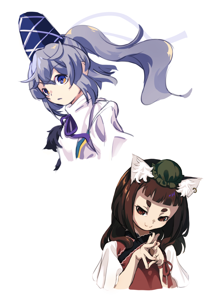 2girls alternate_costume alternate_hair_length alternate_hairstyle animal_ears bangs blue_eyes blunt_bangs brown_eyes brown_hair cat_ears earrings eyebrows_visible_through_hair fingers_together gradient_eyes hair_between_eyes hat hat_ribbon head_tilt highres japanese_clothes jewelry looking_at_viewer multicolored multicolored_eyes multiple_girls neck_ribbon orange_eyes pom_pom_(clothes) ponytail purple_ribbon red_ribbon red_tabard ribbon serious shiny shiny_hair shirt short_eyebrows short_hair short_sleeves sidelocks silver_hair simple_background single_earring slit_pupils smirk suguni tate_eboshi thick_eyebrows touhou turtleneck upper_body white_background white_shirt wrist_ribbon