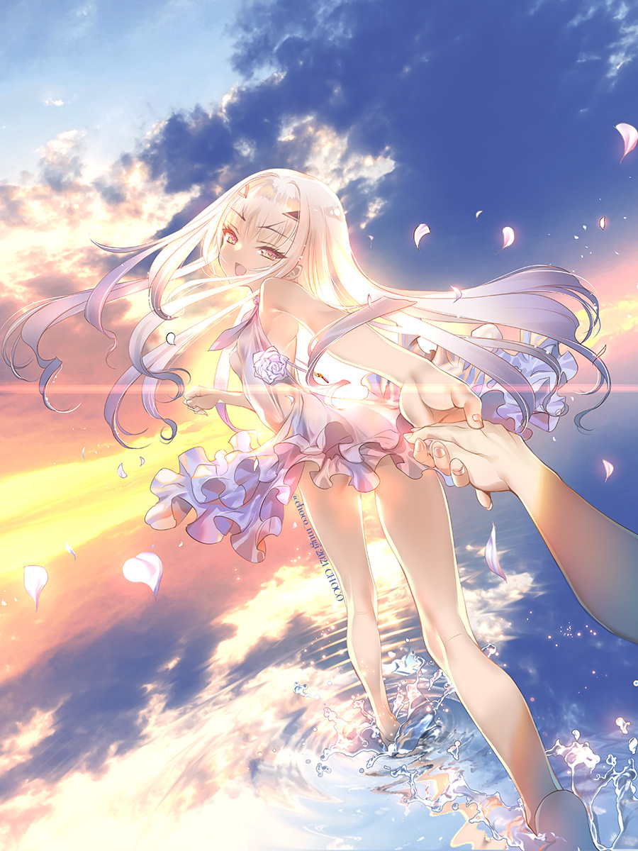 1girl 2021 artist_name back bare_legs barefoot breasts choco_(chocolate_shop) clouds dated dawn dress fairy_knight_lancelot_(fate) fate/grand_order fate_(series) flower flower_ornament frilled_dress frills full_body highres holding_hands looking_at_viewer looking_back official_art orange_eyes petals pov rose running running_on_liquid sidelocks sky small_breasts smile splashing sun sunlight twitter_username water white_dress white_hair