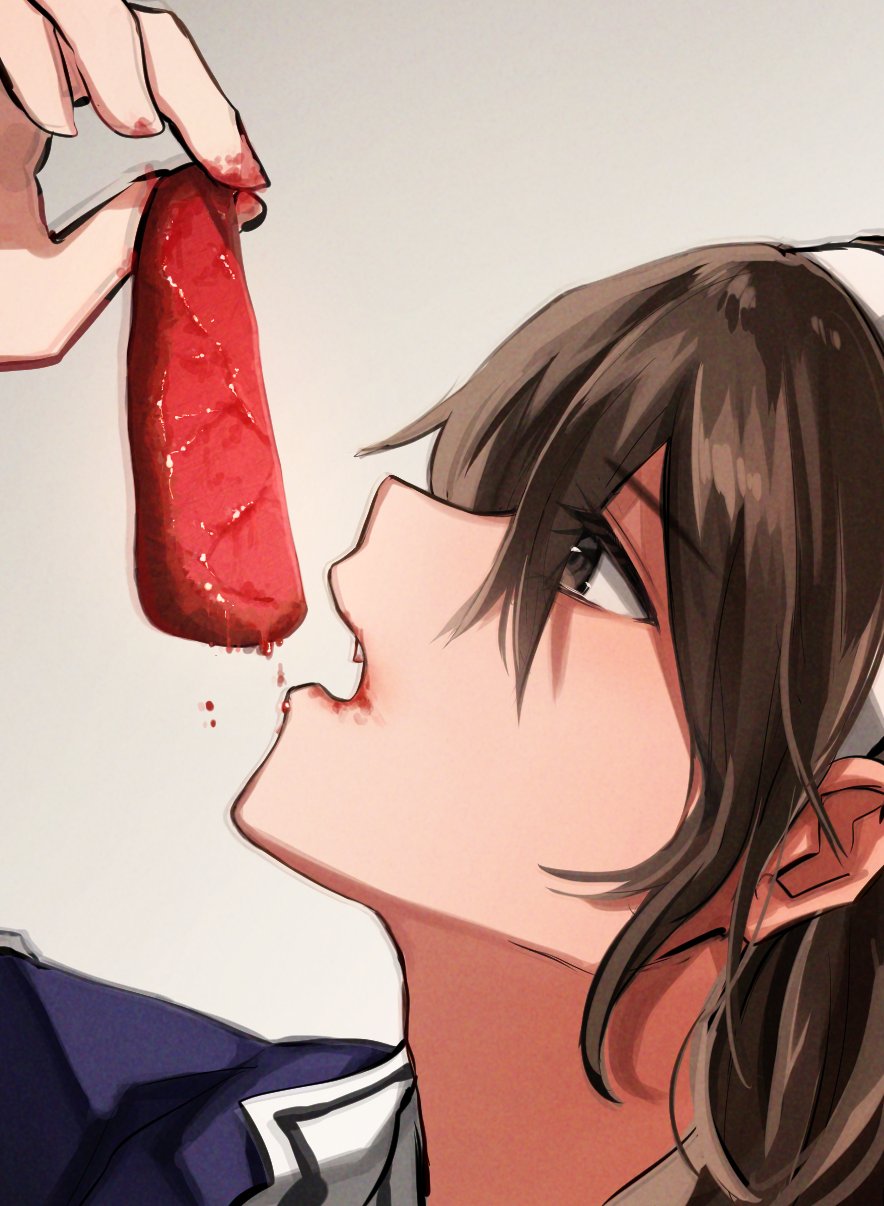 1girl ashigara_(kancolle) bangs blood blood_from_mouth brown_eyes brown_hair food highres kantai_collection katsuobushi_(eba_games) long_hair meat open_mouth portrait raw_meat remodel_(kantai_collection) solo uniform white_headwear