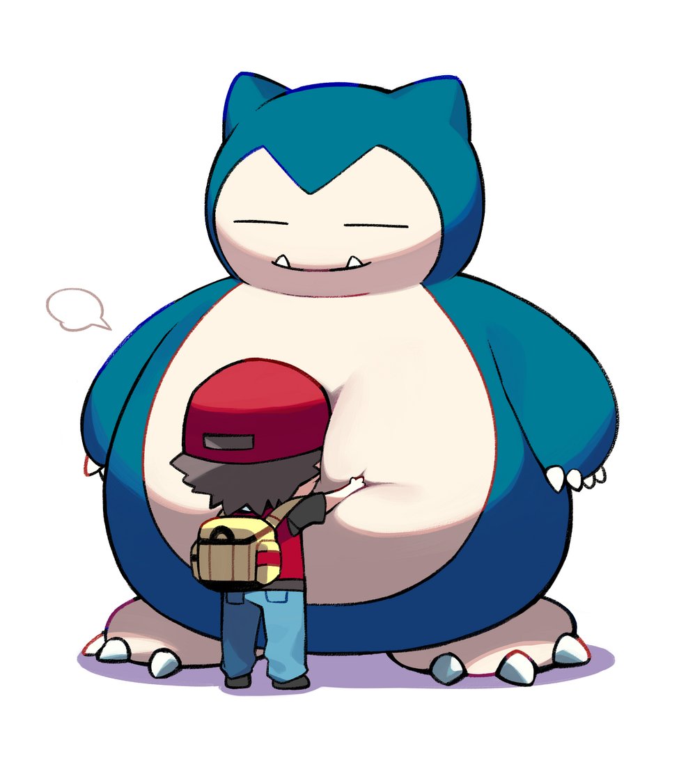 1boy backpack bag baseball_cap black_footwear blue_pants brown_hair chibi commentary_request hat hug iroyopon jacket male_focus pants pokemon pokemon_(creature) pokemon_(game) pokemon_frlg red_(pokemon) red_headwear shoes short_hair short_sleeves snorlax spiky_hair standing white_background yellow_bag