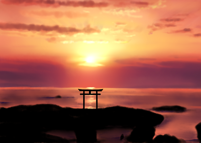 clouds commentary_request horizon isaki_(gomi) no_humans orange_sky original scenery sky sun sunrise torii