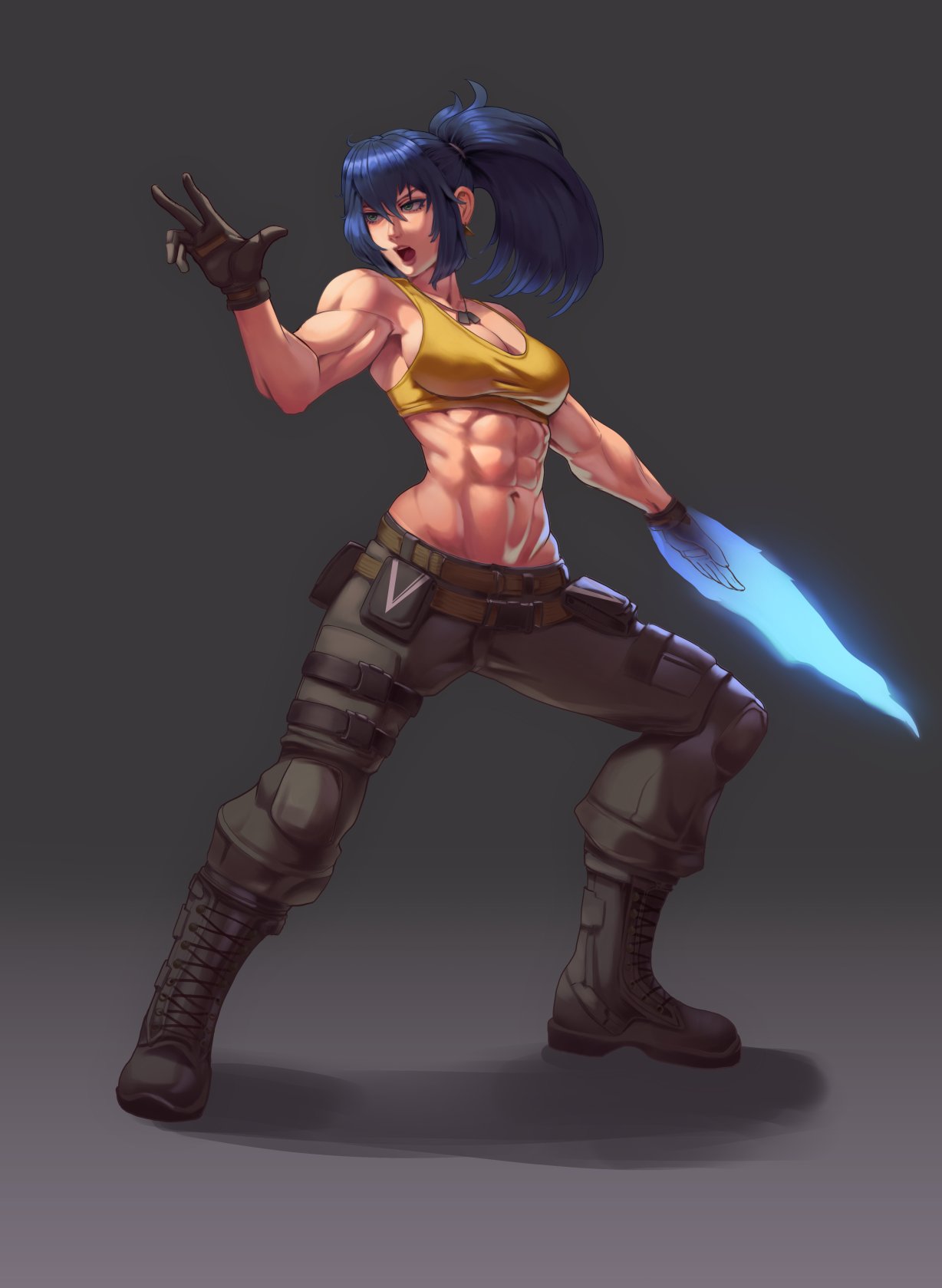 1girl abs ammunition_pouch armlet artoflec bare_shoulders belt biceps blue_eyes blue_hair breasts camouflage camouflage_pants dog_tags earrings gloves highres jewelry leona_heidern midriff military military_uniform muscular muscular_female pants ponytail pouch single_glove sleeveless solo standing tank_top the_king_of_fighters the_king_of_fighters_xv triangle_earrings uniform yellow_tank_top