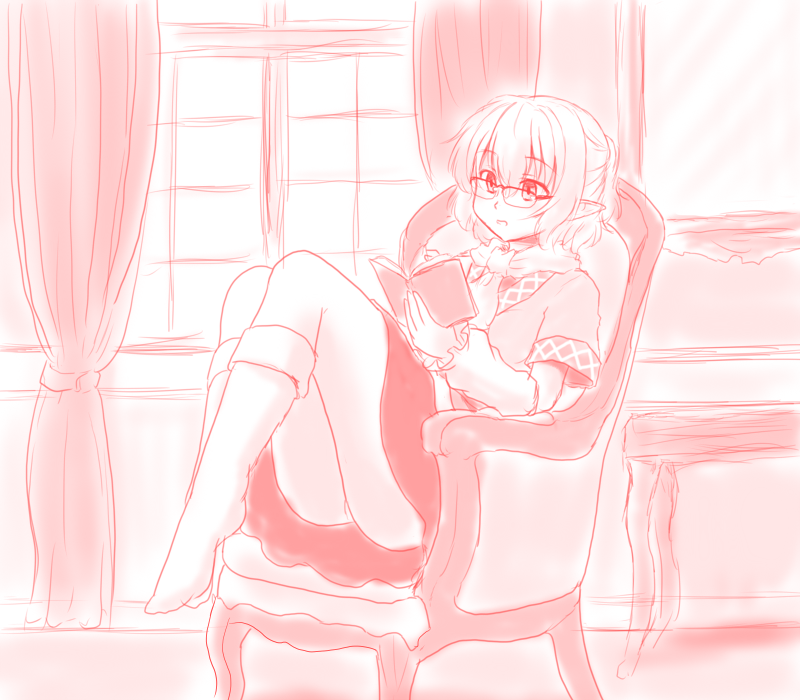 1girl armchair bangs bespectacled book chair commentary_request curtains eyebrows_visible_through_hair full_body glasses half_updo holding holding_book indoors isaki_(gomi) jacket medium_hair mizuhashi_parsee monochrome no_shoes open_mouth pointy_ears reading red_theme scarf shirt short_ponytail sitting skirt socks solo table touhou window