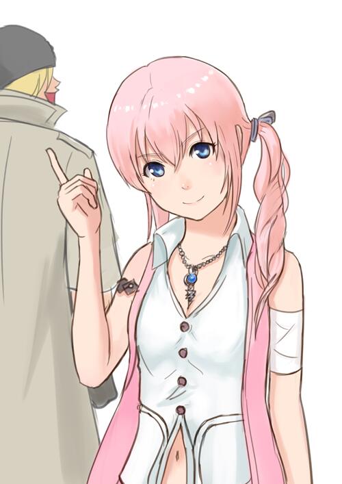 1boy 1girl bandana blonde_hair blue_eyes breasts closed_mouth final_fantasy final_fantasy_xiii gesomaru jewelry long_hair looking_at_viewer necklace pink_hair serah_farron side_ponytail simple_background smile snow_villiers white_background