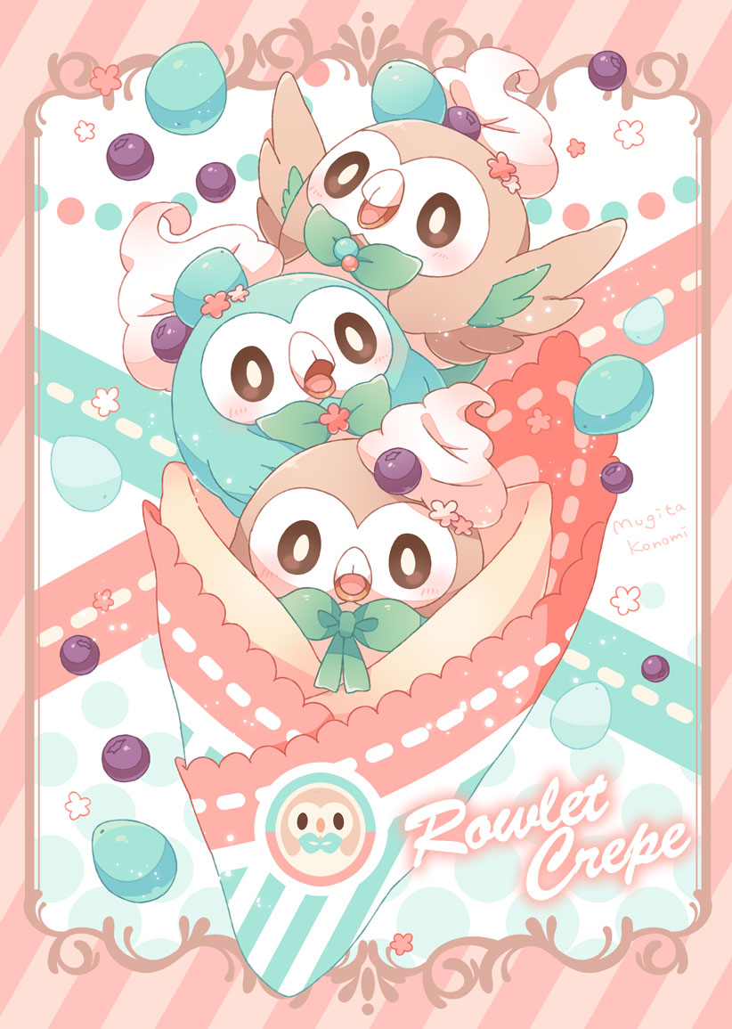 alternate_color berry blush brown_eyes character_name commentary_request crepe food jippe no_humans open_mouth pokemon pokemon_(creature) rowlet shiny_pokemon smile tongue