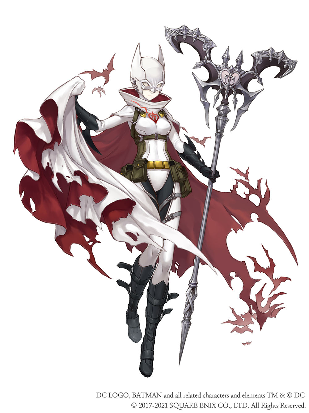1girl bat batman batman_(cosplay) belt belt_pouch bodysuit boots breasts cape cape_hold cosplay crossover dc_comics full_body harness highres holding holding_staff ji_no mask official_art pouch scarf sinoalice skin_tight small_breasts snow_white_(sinoalice) solo square_enix staff superhero torn_cape torn_clothes white_background white_bodysuit