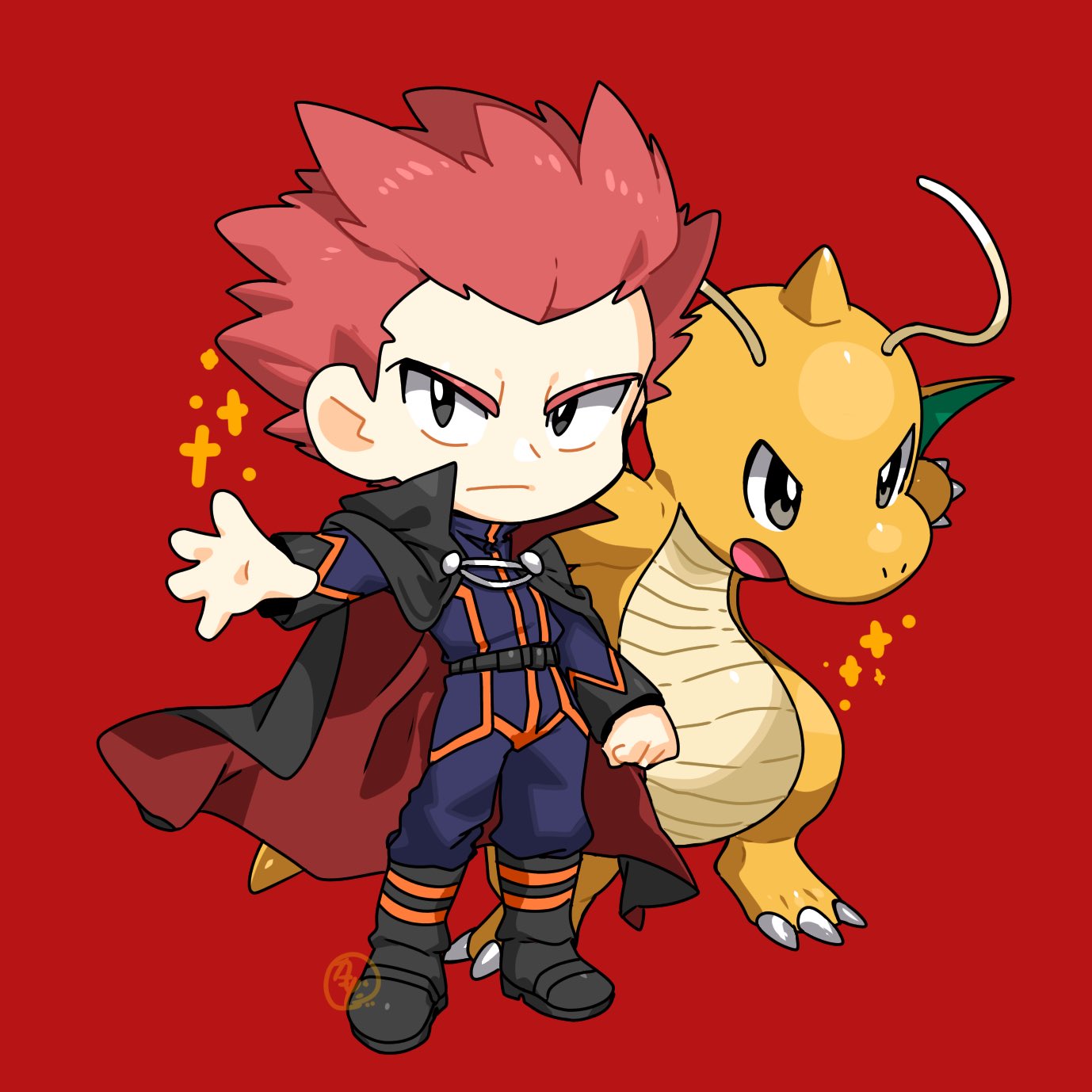 1boy black_cape black_eyes boots bright_pupils cape chibi clenched_hand closed_mouth commentary_request dragonite frown highres jacket kamota_(momokomati) lance_(pokemon) long_sleeves looking_at_viewer male_focus pants pink_hair pokemon pokemon_(creature) pokemon_(game) pokemon_hgss red_background short_hair sparkle spiky_hair standing white_pupils