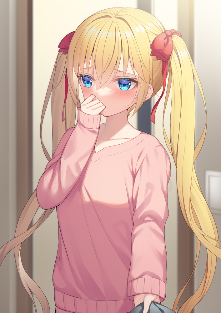 1girl alexmaster bangs blonde_hair blue_eyes blurry blurry_background blush bow collarbone commentary_request depth_of_field eyebrows_visible_through_hair hair_between_eyes hair_bow hand_up indoors long_hair long_sleeves looking_away looking_to_the_side original pink_sweater red_bow sleeves_past_wrists solo sweater twintails very_long_hair