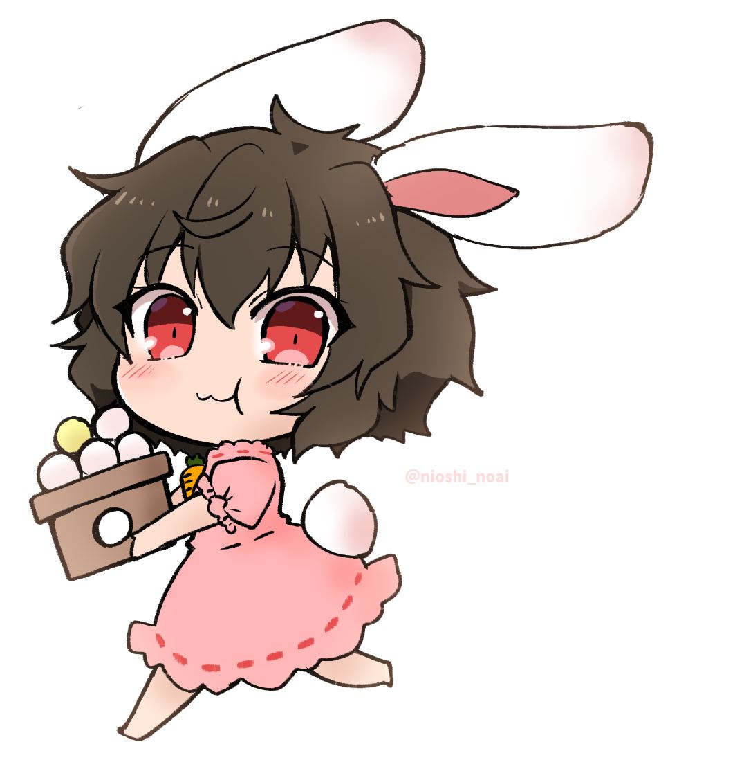 1girl :3 animal_ears barefoot blush brown_hair carrot_necklace dress eating_hair eyebrows_visible_through_hair food_in_mouth hair_between_eyes inaba_tewi looking_at_viewer mochi noai_nioshi pink_dress puffy_short_sleeves puffy_sleeves rabbit_ears rabbit_tail red_eyes ribbon-trimmed_dress short_hair short_sleeves simple_background solo tail touhou twitter_username white_background