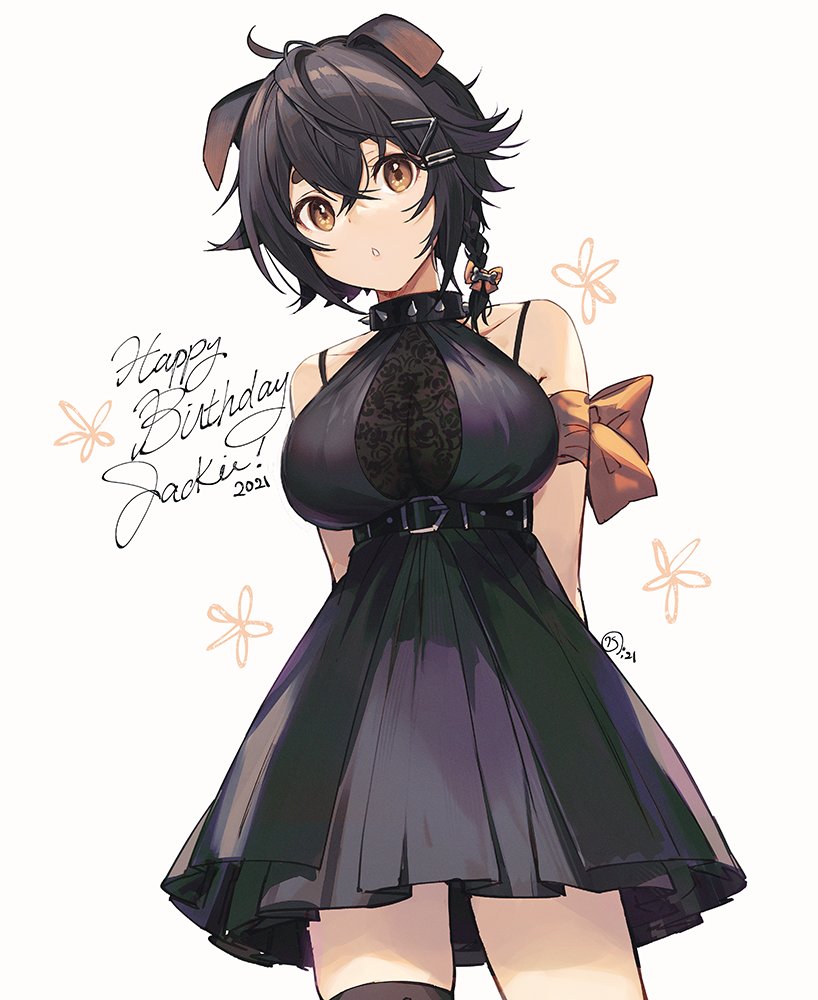 1girl :o alternate_costume animal_ears arknights arm_ribbon arms_behind_back bangs bare_shoulders black_dress black_hair black_legwear bone_hair_ornament bow braid breasts brown_eyes buckle character_name commentary dog_ears dress english_commentary hair_bow hair_ornament hairclip happy_birthday jackie_(arknights) large_breasts looking_at_viewer nagu orange_bow parted_lips ribbon short_hair side_braid signature simple_background single_thighhigh sleeveless sleeveless_dress solo thigh-highs underbust white_background