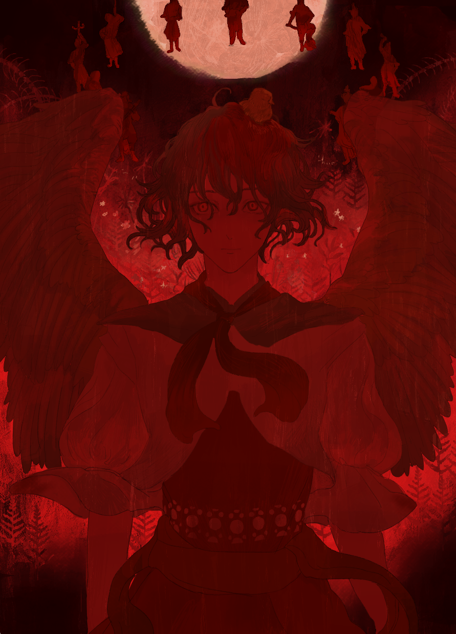 1girl 6+others animal_on_head backlighting bird bird_wings chick closed_mouth dark expressionless feathered_wings fern floating full_moon hair_between_eyes highres looking_to_the_side monochrome moon multiple_others niwatari_kutaka on_head puffy_short_sleeves puffy_sleeves red_eyes red_neckwear red_theme sakishima_(sakisima_00) short_hair short_sleeves simple_background solo_focus sparkle touhou upper_body wings