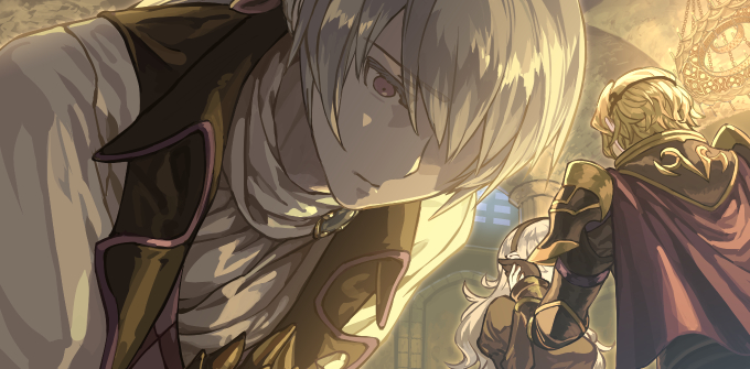 1girl 2boys armor bangs black_armor black_dress black_gloves black_hairband black_jacket blonde_hair bowing brooch brother_and_sister butler cape chandelier circlet close-up closed_mouth commentary_request corrin_(fire_emblem) corrin_(fire_emblem)_(female) dated_commentary dress european_clothes eyebrows_visible_through_hair face fire_emblem fire_emblem_fates gauntlets gloves hair_over_one_eye hairband hand_on_another's_cheek hand_on_another's_face harusame_(rueken) indoors jacket jakob_(fire_emblem) jewelry juliet_sleeves long_hair long_sleeves looking_at_another multiple_boys puffy_sleeves red_cape red_eyes shade shiny shiny_hair shirt short_hair shoulder_armor siblings silver_hair standing swept_bangs white_shirt xander_(fire_emblem)