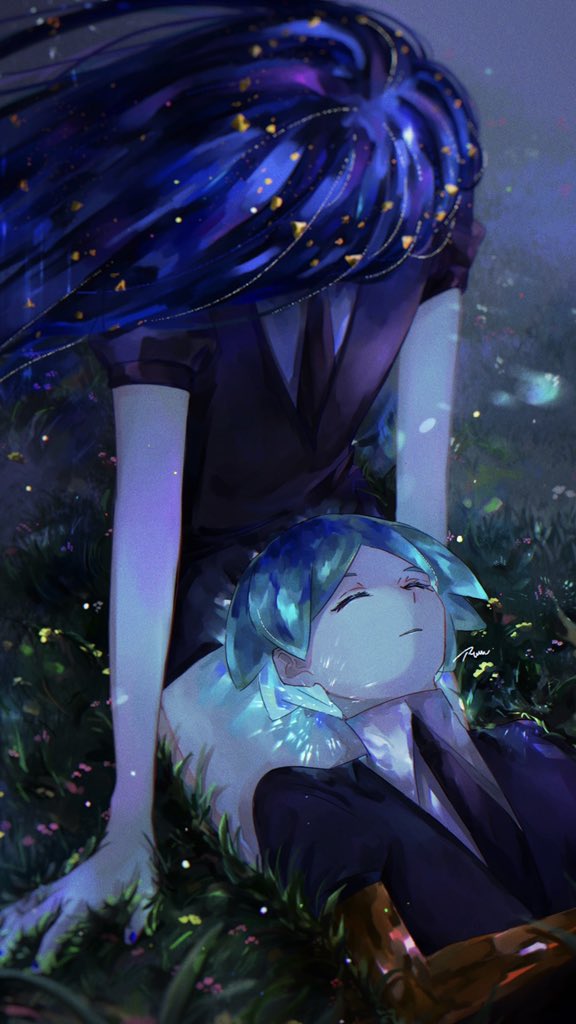 2others androgynous arm_support artist_request black_neckwear black_shorts blue_hair blue_nails closed_eyes collared_shirt crystal_hair gem_uniform_(houseki_no_kuni) glowing glowing_hair golden_arms grass green_hair houseki_no_kuni lap_pillow lapis_lazuli_(houseki_no_kuni) long_hair looking_at_another looking_down lying multicolored_hair multiple_others nail_polish necktie other_focus outdoors phosphophyllite puffy_short_sleeves puffy_sleeves shirt short_hair short_shorts short_sleeves shorts sleeping sleeping_on_person white_shirt
