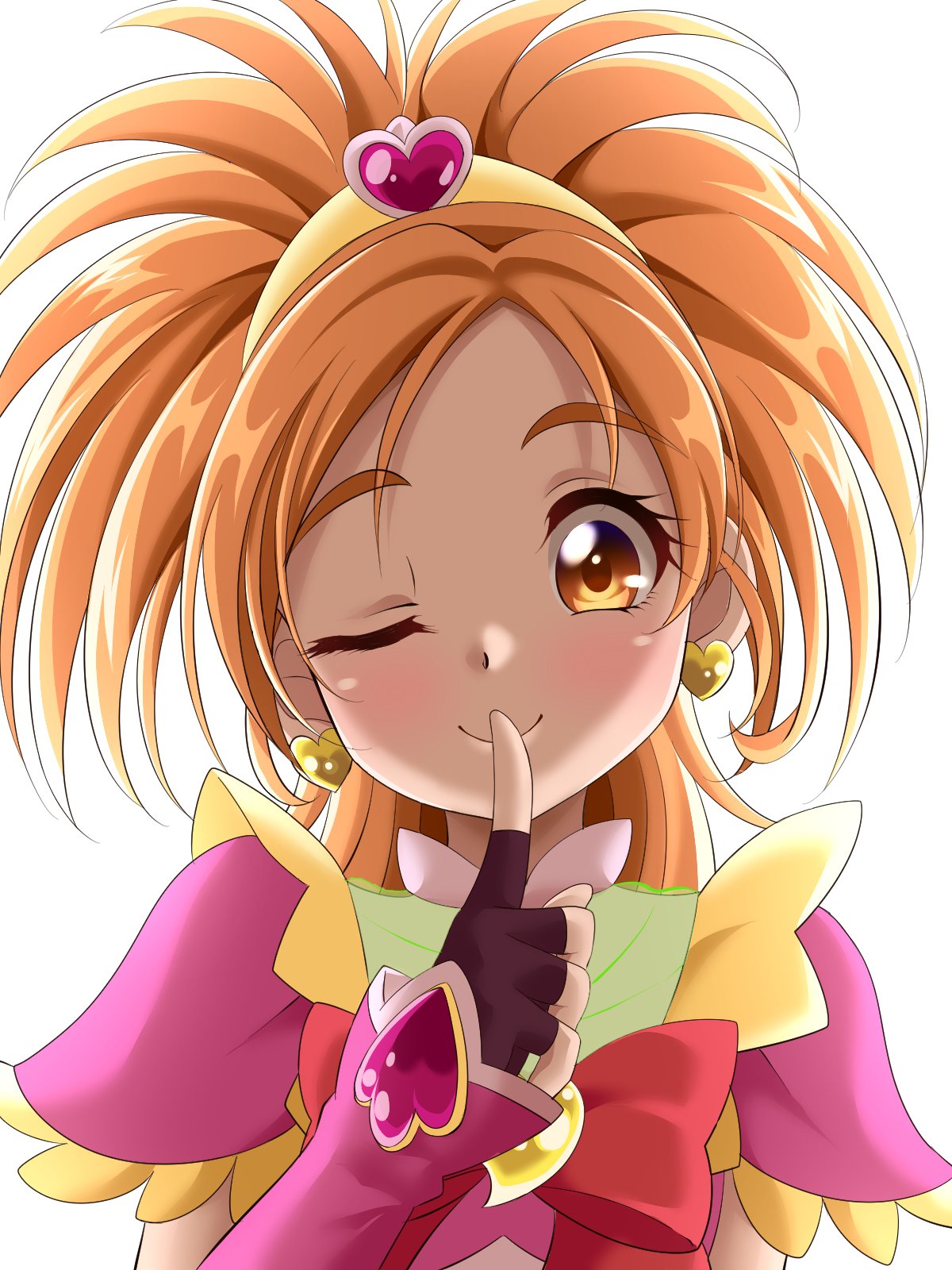 1girl brown_eyes brown_hair cure_bloom earrings finger_to_mouth fingerless_gloves fins futari_wa_precure_splash_star gloves heart heart_earrings highres hyuuga_saki index_finger_raised jewelry looking_at_viewer magical_girl one_eye_closed precure s-operator simple_background smile solo tiara upper_body white_background