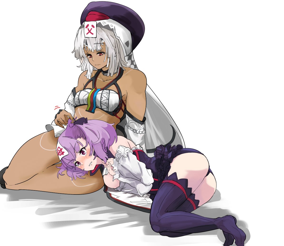 2girls altera_(fate) ass bare_shoulders blush breasts choker closed_mouth dark-skinned_female dark_skin detached_sleeves dress fate/grand_order fate_(series) hat helena_blavatsky_(fate) long_hair multiple_girls purple_hair short_hair shousetsu simple_background small_breasts strapless tattoo thigh-highs violet_eyes white_background white_hair white_sleeves