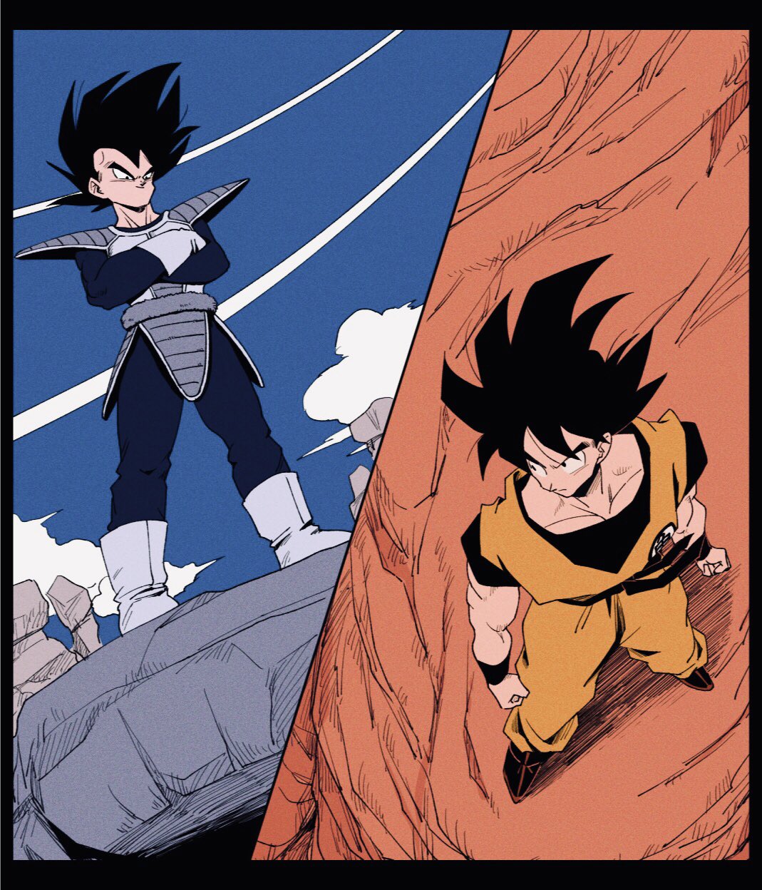 2boys ankle_boots armor arms_at_sides black_border black_eyes black_hair black_wristband blue_bodysuit blue_sky bodysuit boots border clenched_hands closed_mouth clothes_writing clouds cloudy_sky condensation_trail crossed_arms day dougi dragon_ball dragon_ball_z dutch_angle from_above from_below full_body gloves highres kz_(dbz_kz) legs_apart looking_down male_focus messy_hair monkey_tail multiple_boys muscular muscular_male outdoors pectorals perspective rock saiyan_armor serious shadow sideways_glance sky smirk son_goku spiky_hair split_screen standing tail tail_around_waist v-shaped_eyebrows vegeta white_footwear white_gloves wristband
