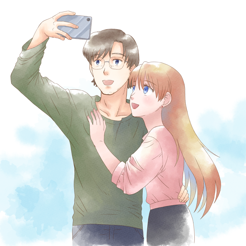1boy 1girl aida_kensuke beard blue_eyes brown_eyes brown_hair cellphone couple day earrings evangelion:_3.0+1.0_thrice_upon_a_time facial_hair grin hand_on_another's_chest hug jewelry long_hair looking_up neon_genesis_evangelion older open_mouth phone rebuild_of_evangelion smile souryuu_asuka_langley standing sweater