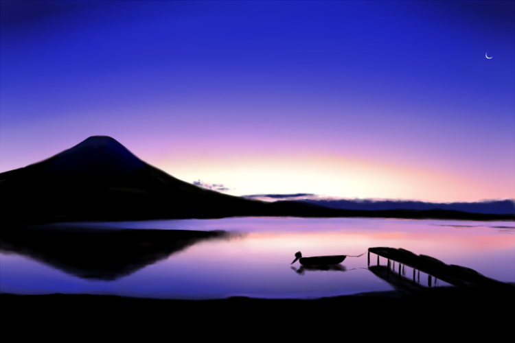 boat clouds commentary_request crescent_moon horizon isaki_(gomi) moon mountain no_humans original pier reflection reflective_water scenery shore sunset water watercraft