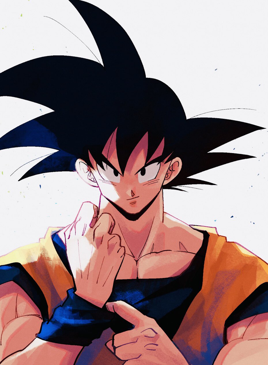 1boy adjusting_clothes backlighting black_eyes black_hair blue_wristband clenched_hand closed_mouth dougi dragon_ball dragon_ball_z grey_background hair_strand hands_up highres kz_(dbz_kz) light_particles looking_at_viewer male_focus muscular muscular_male pectorals simple_background smile son_goku spiky_hair upper_body wristband