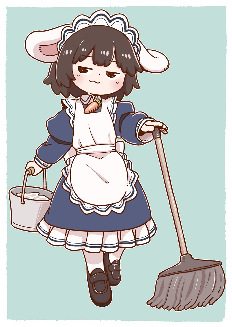 1girl :3 alternate_costume animal_ears apron black_eyes black_hair blue_background bucket carrot_necklace enmaided eyebrows_visible_through_hair floppy_ears hair_between_eyes inaba_tewi long_sleeves maid maid_apron maid_headdress mary_janes mop poronegi rabbit_ears shoes short_hair simple_background socks solo standing touhou