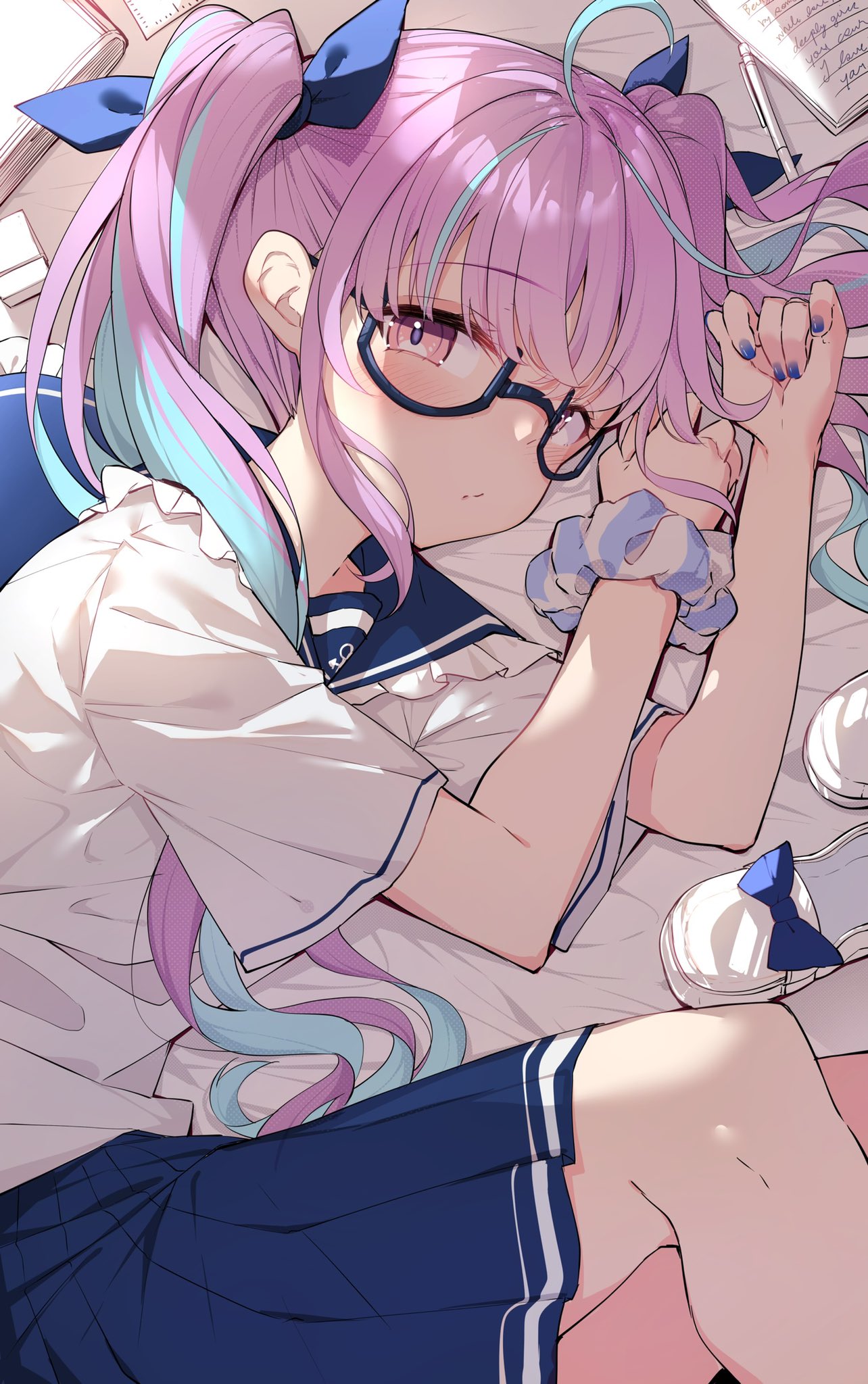 1girl ahoge bangs bespectacled blue_bow blue_hair blue_nails blue_sailor_collar blue_skirt blush bow colored_inner_hair commentary darjeeling_(reley) english_commentary eraser eyebrows_visible_through_hair footwear_bow glasses hair_ribbon highres hololive looking_at_viewer lying minato_aqua multicolored_hair nail_polish notebook on_side pen pink_eyes pink_hair pleated_skirt ribbon sailor_collar scrunchie semi-rimless_eyewear shirt shoes shoes_removed short_sleeves skirt solo twintails two-tone_hair virtual_youtuber white_footwear white_shirt wrist_scrunchie