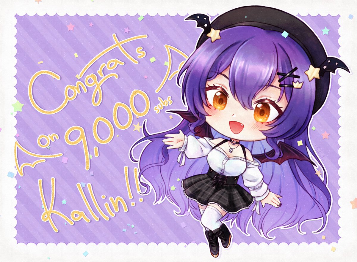 1girl a.cat bangs bat_girl bat_wings beret black_choker black_footwear black_headwear black_nails chibi choker english_commentary hat long_hair milestone_celebration off-shoulder_shirt off_shoulder shirt solo thigh-highs tsunderia virtual_youtuber white_shirt wings yazaki_kallin