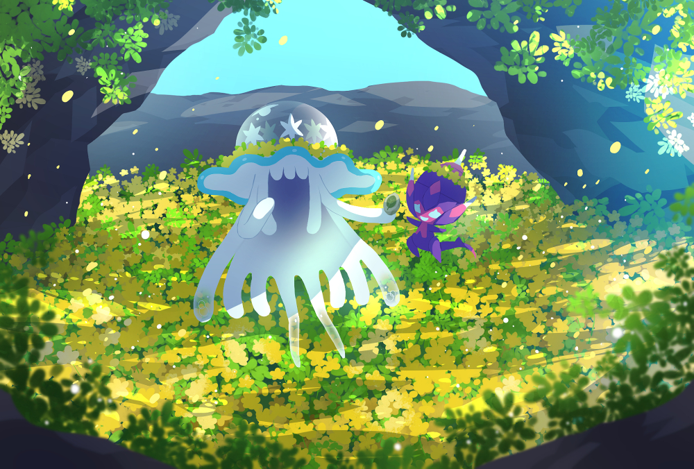 banned_artist commentary_request day flower holding leaf_stone nihilego nin_(female) no_humans outdoors petals poipole pokemon pokemon_(creature) rock sky smile ultra_beast yellow_flower