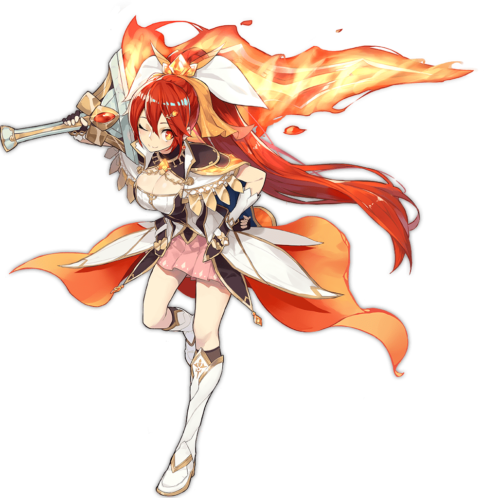 1girl ark_order armored_boots artist_request bangs black_cape black_gloves black_legwear boots bow breasts cape dress fingerless_gloves fire fire_hair_ornament flaming_sword flaming_weapon gloves hair_bow hand_on_hip high_ponytail holding holding_sword holding_weapon kneehighs large_breasts long_hair looking_at_viewer official_art one_eye_closed pink_skirt prometheus_(ark_order) red_eyes redhead skirt smile solo sword tachi-e transparent_background very_long_hair weapon white_bow white_footwear