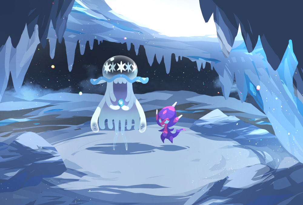 banned_artist commentary_request fog gem holding icicle night nihilego nin_(female) no_humans outdoors poipole pokemon pokemon_(creature) sky smile standing star_(sky) ultra_beast
