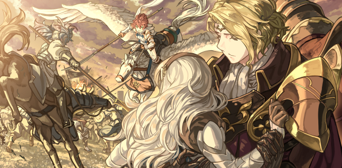 1boy 3girls animal arm_around_waist armor banner barding battle battlefield black_armor black_hairband blonde_hair blue_hair brown_gloves cape cavalry charging_forward circlet clouds commentary_request corrin_(fire_emblem) corrin_(fire_emblem)_(female) dated_commentary day emblem fire fire_emblem fire_emblem_fates flag flagpole floating_hair gauntlets gloves gold_trim gradient_hair greaves group_battle hairband harusame_(rueken) hinoka_(fire_emblem) holding holding_lance holding_polearm holding_weapon horse horse_armor horseback_riding knight lance long_hair looking_at_another looking_to_the_side multicolored_hair multiple_girls outdoors pauldrons pegasus peri_(fire_emblem) plate_armor polearm purple_hair red_cape red_gloves redhead reins riding saddle shiny shiny_hair short_hair shoulder_armor silver_hair sky soldier standing upper_body war weapon wrist_grab xander_(fire_emblem)