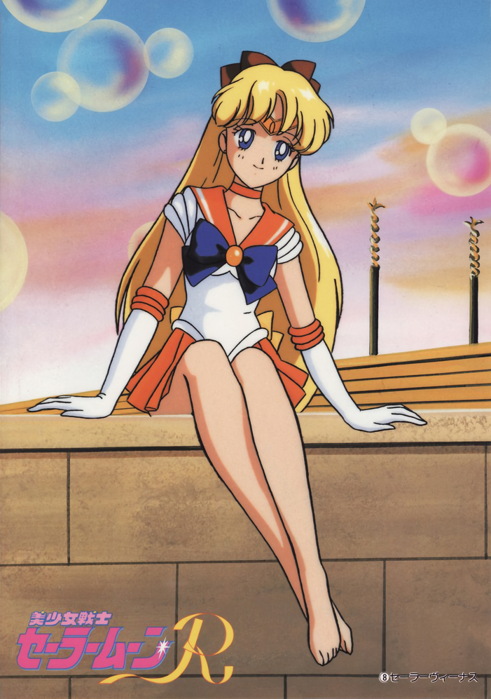 1girl aino_minako bare_legs barefoot bishoujo_senshi_sailor_moon blonde_hair blue_eyes day elbow_gloves gloves legs_together leotard logo long_hair miniskirt orange_neckwear orange_sailor_collar orange_skirt outdoors pleated_skirt sailor_collar sailor_venus sitting skirt smile solo tiara