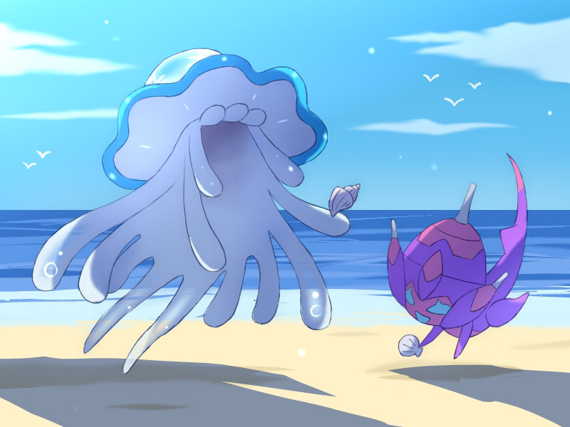 banned_artist clouds commentary_request day holding nihilego nin_(female) no_humans outdoors poipole pokemon pokemon_(creature) sand seashell shell shore sky ultra_beast water