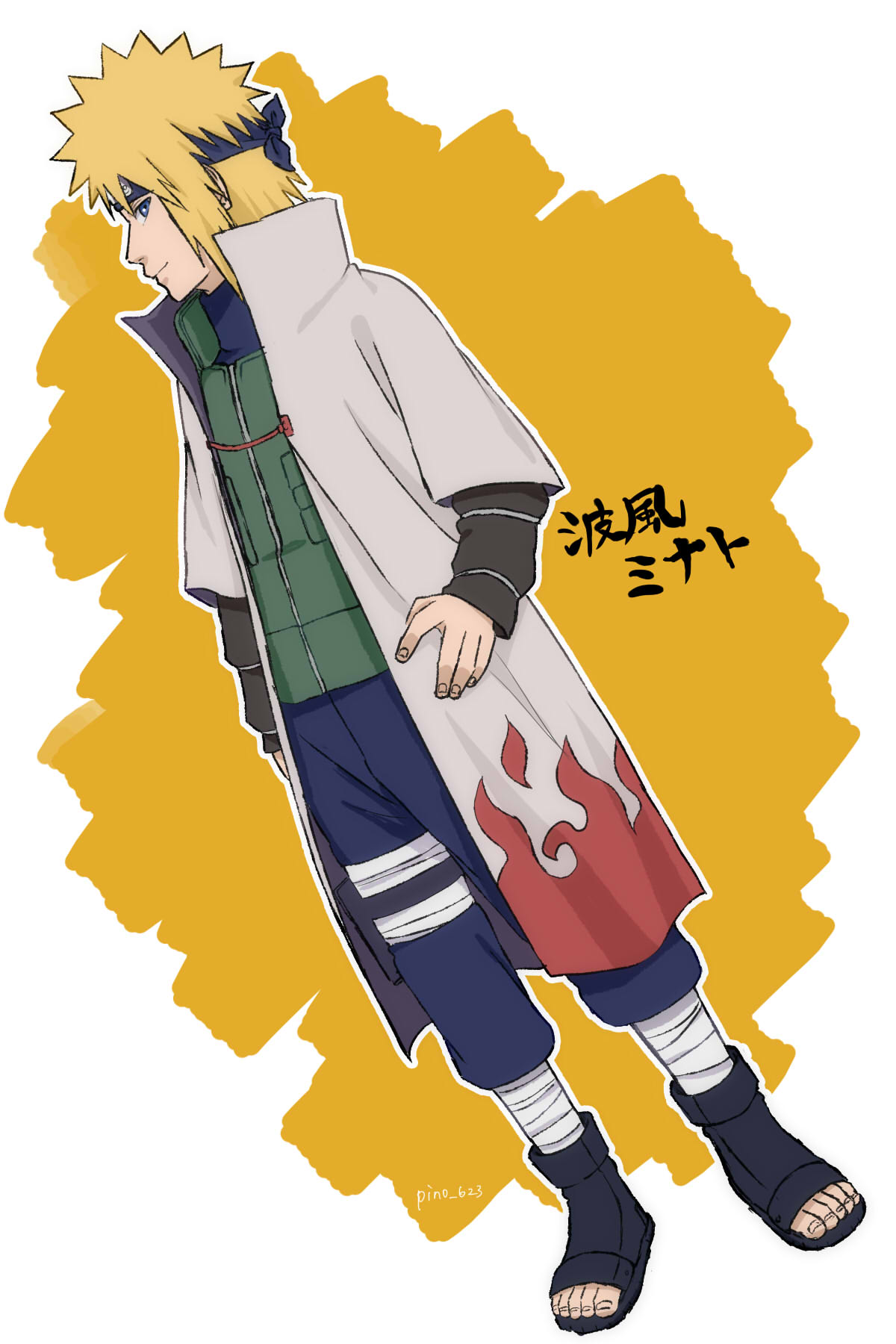 1boy black_footwear blonde_hair blue_eyes blue_pants cloak closed_mouth forehead_protector full_body green_vest hand_on_hip highres looking_at_viewer medium_hair namikaze_minato naruto naruto_(series) ninja pants pinoko_(pnk623) sandals simple_background smile solo toes vest white_background yellow_background