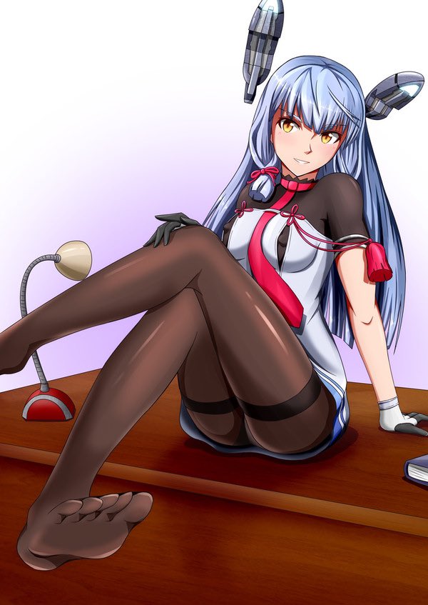 1girl breasts covered_nipples desk kantai_collection long_hair medium_breasts misono_chiaki murakumo_(kancolle) no_shoes on_desk pantyhose remodel_(kantai_collection) sidelocks silver_hair sitting sitting_on_desk smile solo thighband_pantyhose toes very_long_hair yellow_eyes