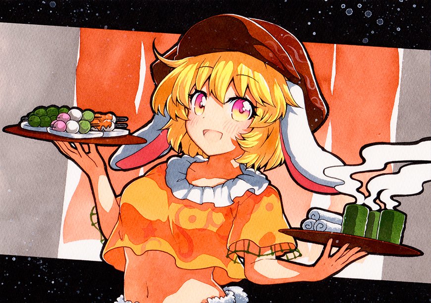 1girl animal_ears cabbie_hat collared_shirt dango flat_cap floppy_ears food hat navel orange_shirt qqqrinkappp rabbit_ears ringo_(touhou) shirt solo touhou traditional_media wagashi