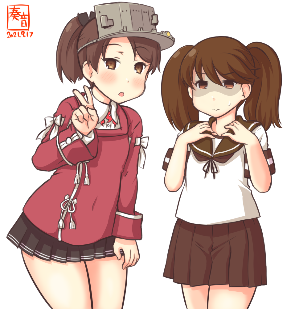 2girls artist_logo black_skirt brown_hair brown_sailor_collar brown_skirt commentary_request cosplay costume_switch cowboy_shot dated japanese_clothes kanon_(kurogane_knights) kantai_collection kariginu leaning_forward long_hair looking_at_viewer multiple_girls one-hour_drawing_challenge pleated_skirt ponytail red_shirt ryuujou_(kancolle) ryuujou_(kancolle)_(cosplay) sailor_collar school_uniform serafuku shaded_face shikinami_(kancolle) shikinami_(kancolle)_(cosplay) shirt short_hair simple_background skirt twintails v visor_cap white_background