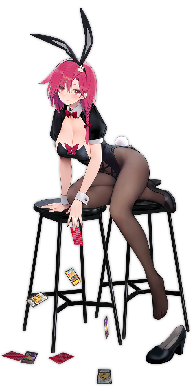 1girl animal_ears arched_back arm_support azur_lane bangs bar black_footwear black_legwear black_leotard black_prince_(addled_attendant?)_(azur_lane) black_prince_(azur_lane) bow bowtie braid breasts fake_animal_ears hair_between_eyes hair_bow hair_ornament high_heels highres large_breasts leotard licking_lips long_hair looking_at_viewer official_alternate_costume official_art pantyhose pink_eyes pink_hair playboy_bunny puffy_short_sleeves puffy_sleeves rabbit_ears rabbit_tail red_bow red_neckwear short_sleeves stool suisai tail thighs tongue tongue_out transparent_background wrist_cuffs