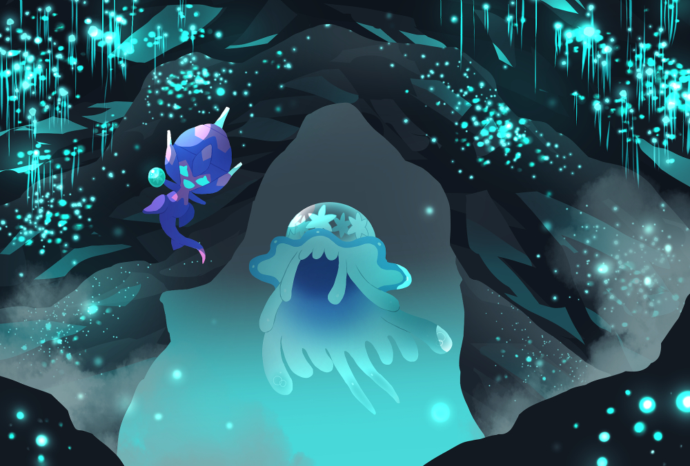 :d banned_artist cave_interior commentary_request floating glowing holding nihilego nin_(female) no_humans open_mouth poipole pokemon pokemon_(creature) smile ultra_beast