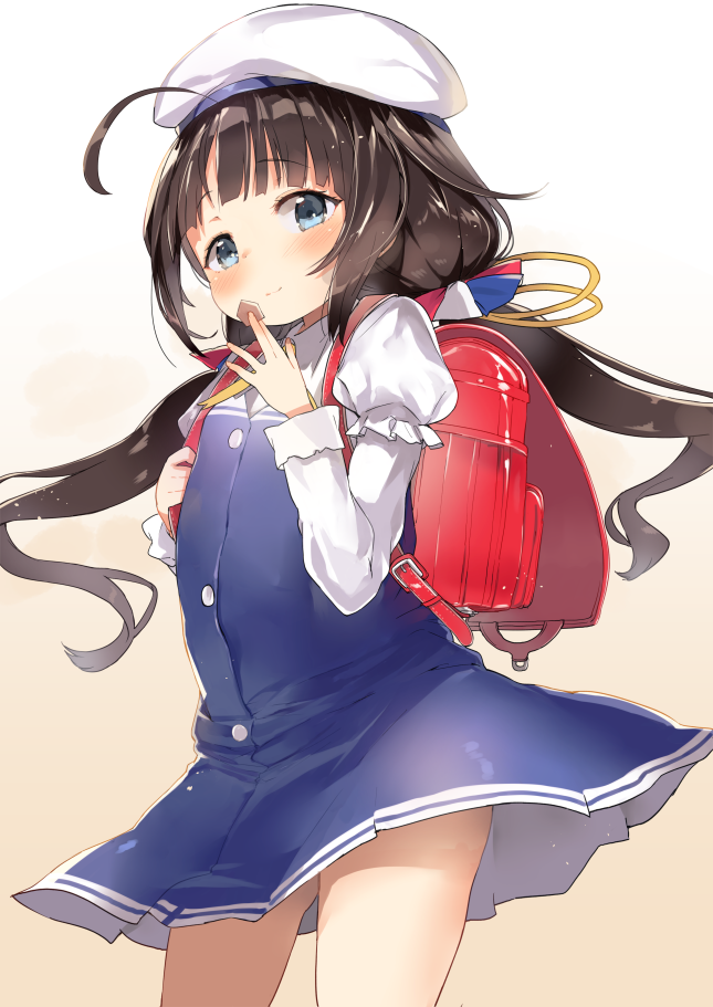 1girl ahoge atage backpack bag blue_dress blue_eyes blush brown_hair child closed_mouth cowboy_shot dress gradient gradient_background hat hinatsuru_ai layered_sleeves long_sleeves looking_at_viewer low_twintails puffy_short_sleeves puffy_sleeves randoseru red_bag ryuuou_no_oshigoto! short_over_long_sleeves short_sleeves shougi_piece smile solo standing twintails white_headwear yellow_background