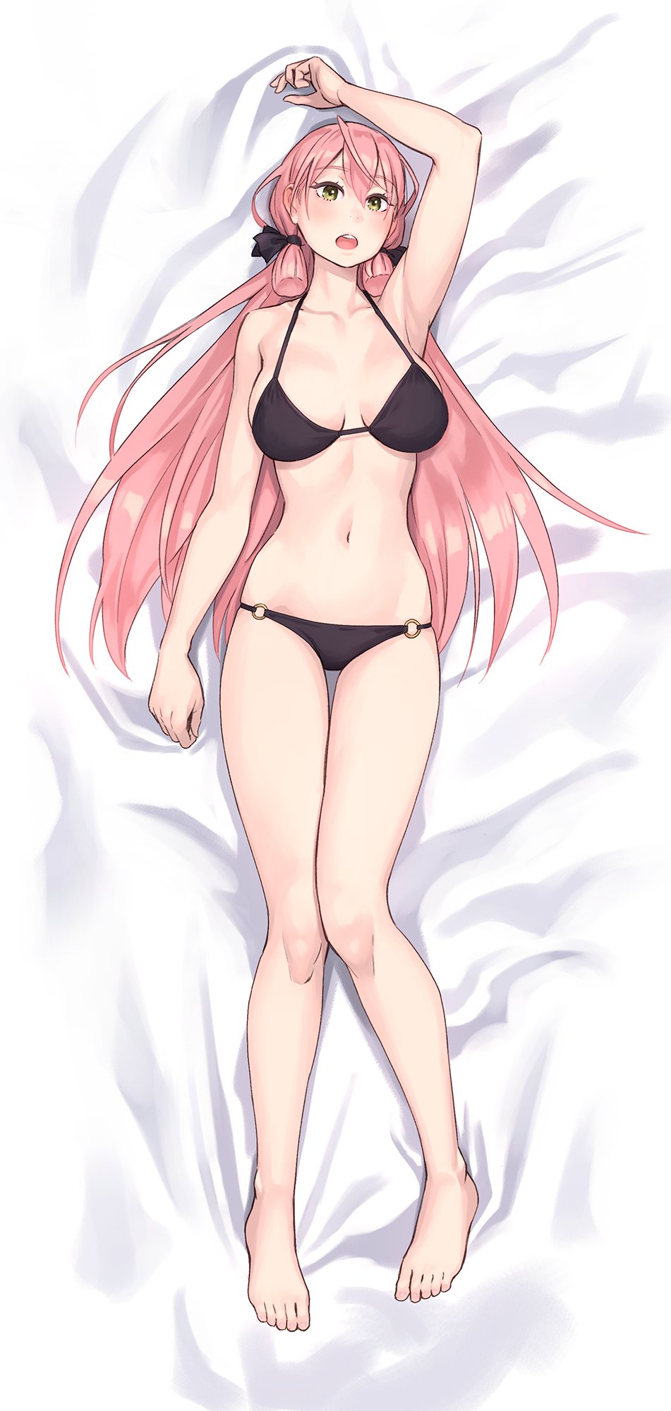 1girl akashi_(kancolle) alternate_costume arm_up armpits bare_arms bare_legs bare_shoulders barefoot bikini black_bikini blush breasts commentary_request from_above full_body green_eyes hair_ribbon highres kantai_collection long_hair looking_at_viewer lying navel o-ring o-ring_bikini o-ring_bottom on_back open_mouth pink_hair ribbon skindentation smile solo string_bikini swimsuit tress_ribbon yuuji_(and)