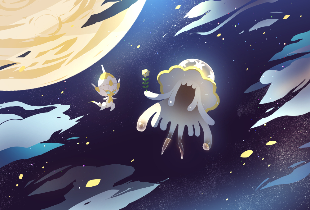 alternate_color banned_artist commentary_request flower flying holding holding_flower moon night nihilego nin_(female) no_humans outdoors petals poipole pokemon pokemon_(creature) shiny_pokemon sky star_(sky) ultra_beast yellow_flower