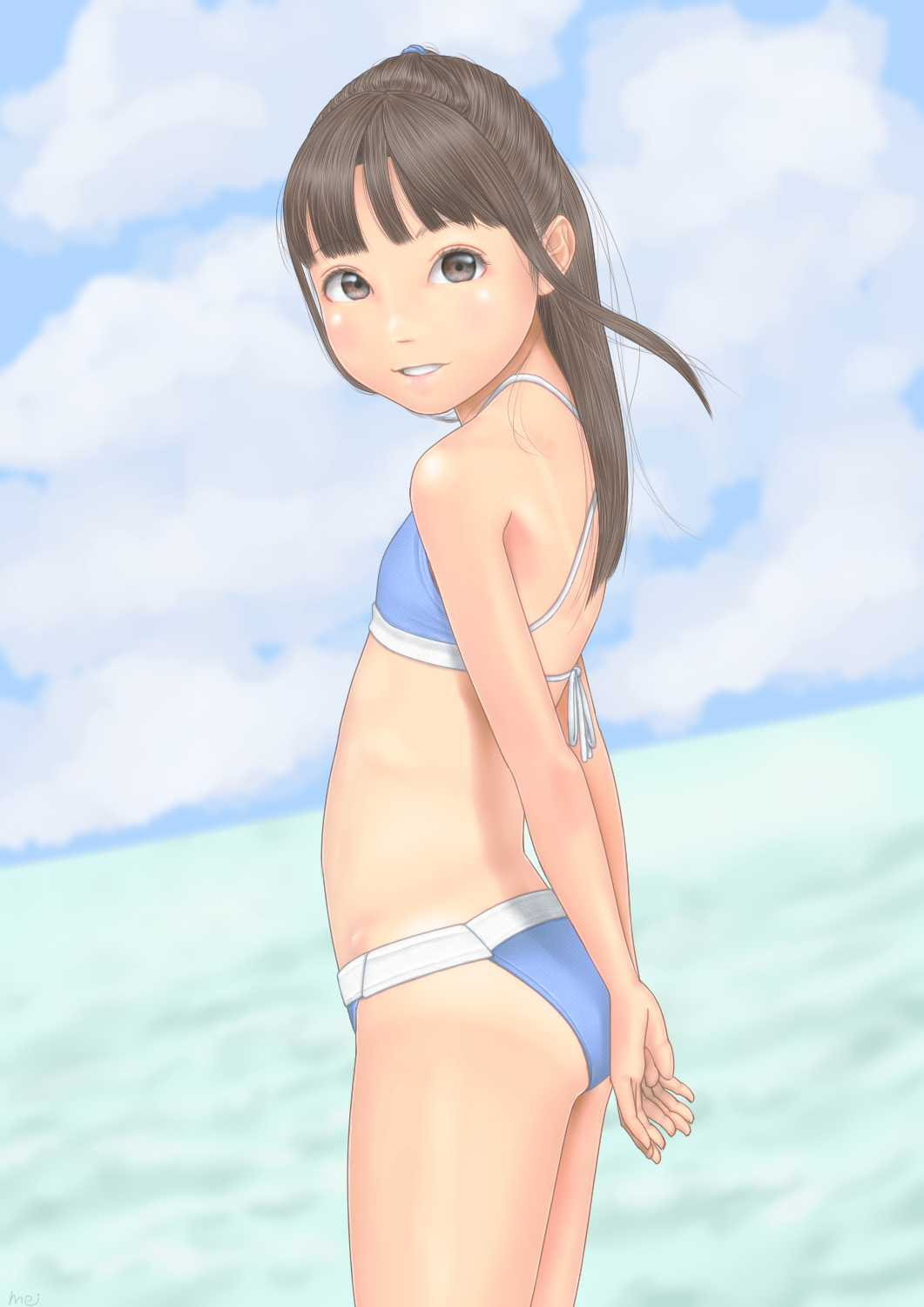 1girl arms_behind_back ass bangs beach bikini blue_bikini blunt_bangs brown_eyes brown_hair clouds commentary_request flat_chest from_side hands_together highres long_hair looking_at_viewer ocean original outdoors sky smile solo swimsuit thighs uzuki_mei