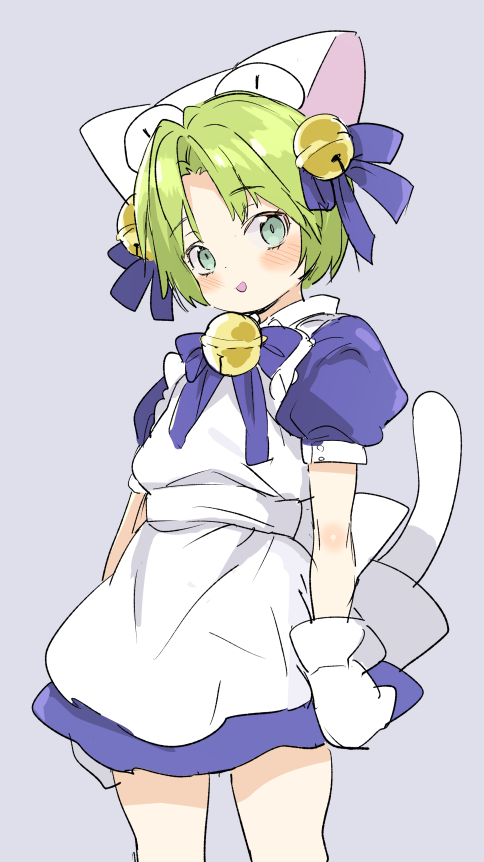 1girl :d animal_ears apron atage bell blush bow bowtie cat_ears cat_tail cowboy_shot dejiko di_gi_charat dress gloves green_eyes green_hair grey_background hair_bell hair_ornament jingle_bell looking_at_viewer neck_bell open_mouth puffy_short_sleeves puffy_sleeves purple_bow purple_dress purple_neckwear short_hair short_sleeves simple_background smile solo standing tail white_apron white_gloves