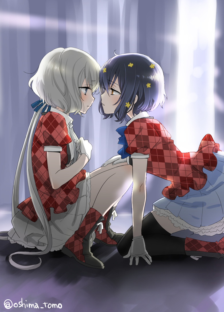 2girls argyle argyle_footwear black_legwear blue_skirt boots commentary_request flower gloves grey_hair hair_flower hair_ornament hand_on_another's_leg idol kneeling konno_junko long_hair looking_at_another low_twintails mizuno_ai multiple_girls ooshima_tomo pleated_skirt red_footwear red_shirt shirt short_hair signature sitting skirt twintails twitter_username very_long_hair white_gloves white_skirt yuri zombie_land_saga