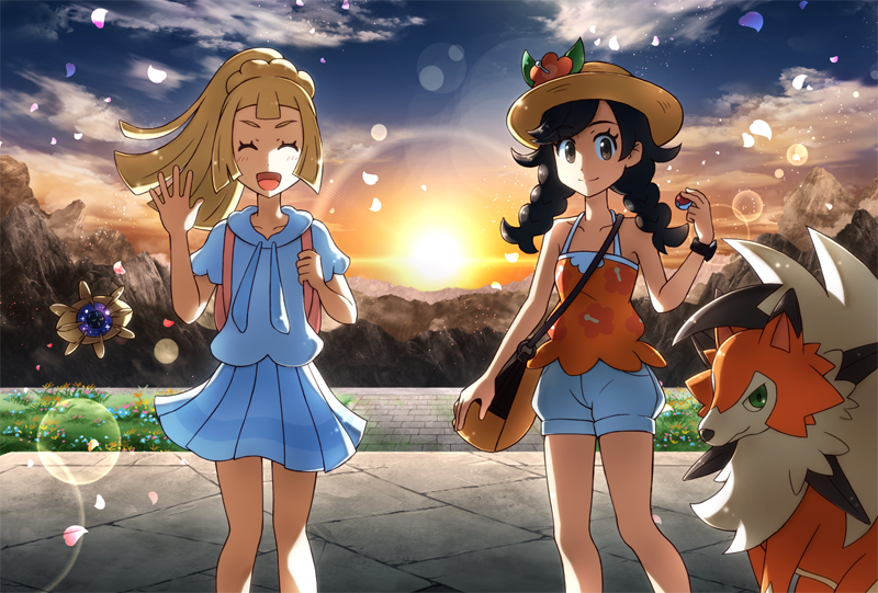 2girls :d backpack bag bangs banned_artist blonde_hair blunt_bangs blush braid closed_eyes closed_mouth clouds commentary_request cosmoem day eyelashes french_braid hand_up high_ponytail holding holding_poke_ball holding_strap legendary_pokemon lens_flare lillie_(pokemon) long_hair lycanroc lycanroc_(dusk) multiple_girls nin_(female) open_mouth outdoors pleated_skirt poke_ball pokemon pokemon_(creature) pokemon_(game) pokemon_usum selene_(pokemon) shirt short_shorts short_sleeves shorts shoulder_bag skirt sky sleeveless sleeveless_shirt smile standing swept_bangs twin_braids white_shirt white_shorts white_skirt