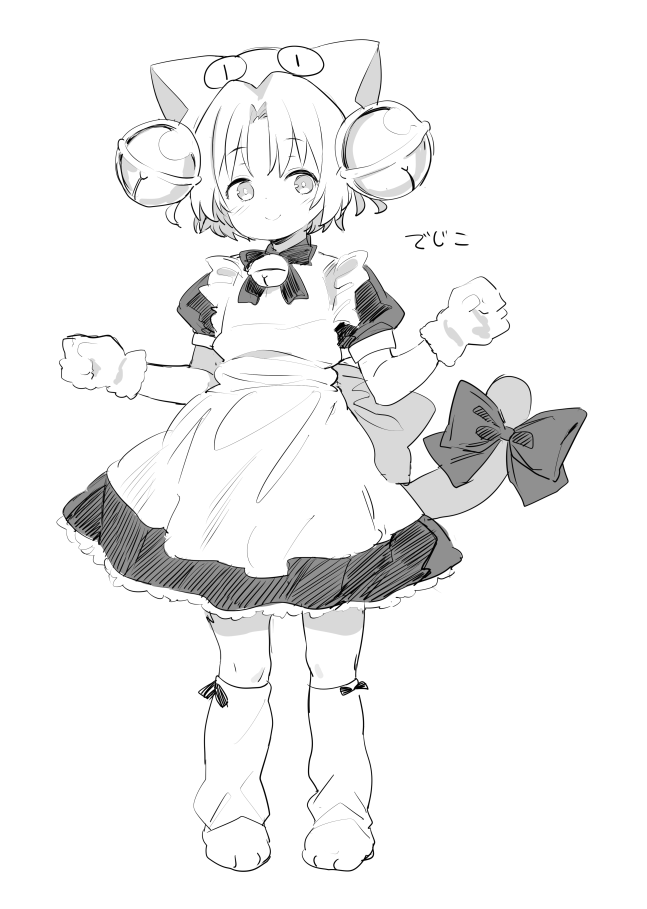 1girl apron atage bell bow bright_pupils cat_tail closed_mouth dejiko di_gi_charat greyscale hair_bell hair_ornament hands_up hat jingle_bell looking_at_viewer maid maid_apron monochrome neck_bell paw_boots puffy_short_sleeves puffy_sleeves short_sleeves simple_background smile solo tail tail_bow tail_ornament white_background white_pupils