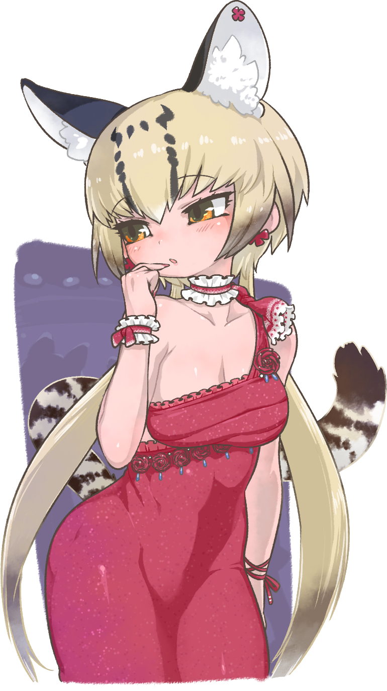 1girl alternate_costume animal_ears blonde_hair brown_hair cat_ears cat_girl cat_tail choker commentary_request dress earrings extra_ears eyebrows_visible_through_hair frilled_neckwear highres jewelry kemono_friends kuro_(kurojill) long_hair multicolored_hair ocelot_(kemono_friends) ocelot_print orange_eyes red_dress red_neckwear single_strap solo tail twintails